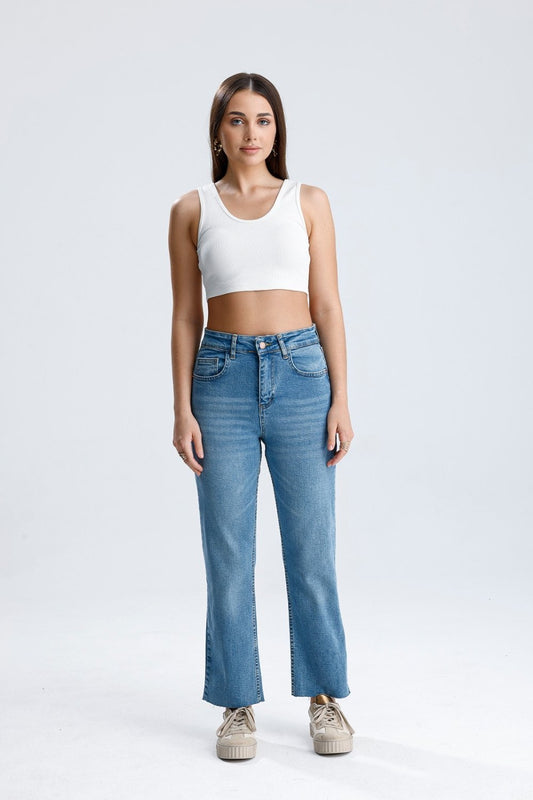 Yarım İspanyol Kesik Paça Pantolon Mavi