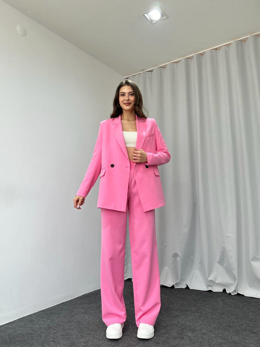 Kadın Pembe Oversize Ceket Pantolon Takım