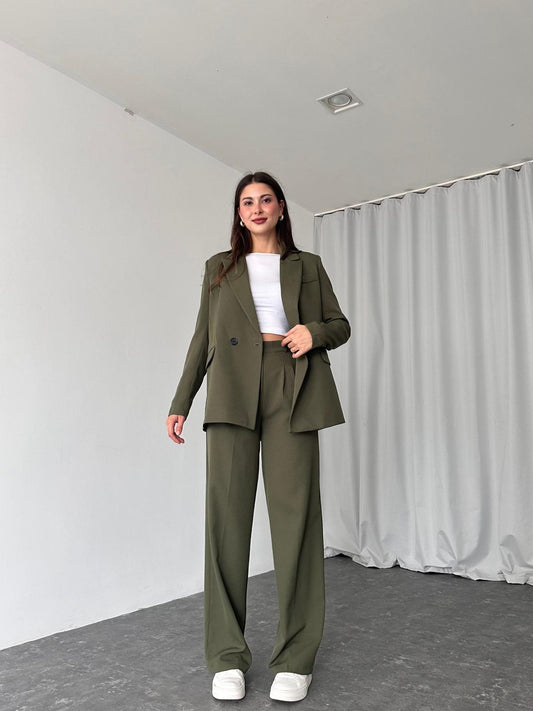 Kadın Koyu Haki Oversize Ceket Pantolon Takım