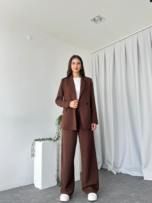 Kadın Kahverengi Oversize Ceket Pantolon Takım